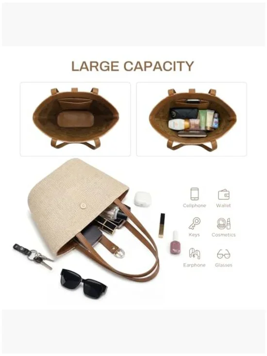 Woven Raffia Straw Tote Bag with PU Leather Handle, Beach Bag - Picture 3 of 7